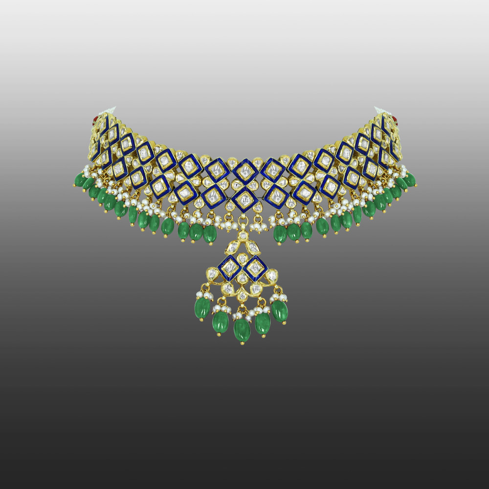 Blue Enamel Polki Choker with Emerald Maniyas and Pearl Clusters